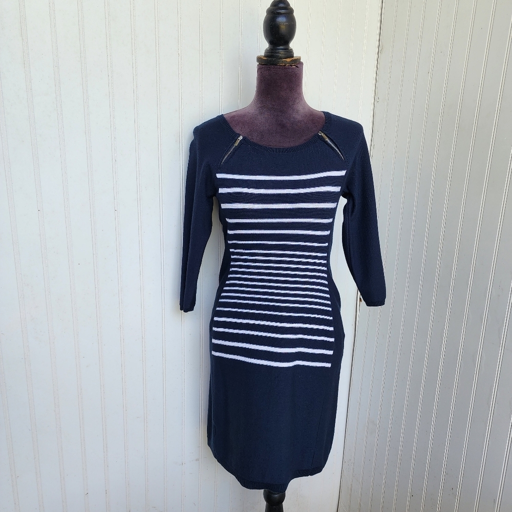 ANN TAYLOR Womens Blue White Striped Knee Length Sweater Knit Dress Wool XSP